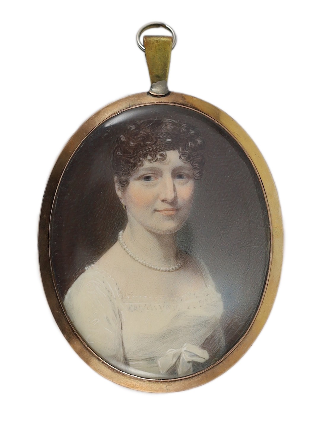 Attributed to George Patten (British, 1801-1865), Portrait miniature of a lady, watercolour on ivory, 6.5 x 5.25cm, gold hair back frame